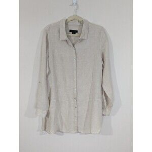 Tahari 100% Linen Taupe Longline Button Down Roll Tab Sleeve Top Size Large